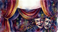 Theatrical comedy and tragedy masks with ornate gold trim displayed against luxurious draped curtains in rich jewel tones, perfect for performing arts and entertainment industry projects.
