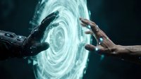 Robot and human hands touching glowing digital interface with holographic circular display, representing artificial intelligence, technology innovation, and human-machine interaction for futuristic concepts.