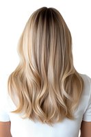 Back view of long wavy blonde hair with natural balayage highlights on white background, showing modern haircut and styling technique for beauty and salon industry.