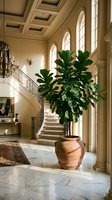 Elegant mansion foyer with grand staircase, marble floors, arched windows, ornate ceiling, chandelier and large fiddle leaf fig plant in terracotta pot.