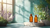 Amber glass bottles on concrete podium with fresh lavender and eucalyptus plants, soft window light casting shadows, minimalist spa composition for wellness design.