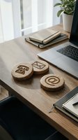 Wooden contact icons on desk with laptop, notebooks, and potted plant for business communication and office workspace concepts.
