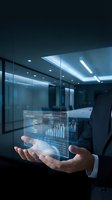 Businessman holding holographic data analytics dashboard with charts and graphs in modern office environment for business intelligence presentations.