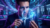 Young Caucasian businessman in dark suit examining glowing digital lightbulb with magnifying glass surrounded by futuristic data streams and circuits.