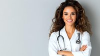 Young Hispanic female medical professional with curly brown hair and white coat smiling confidently with arms crossed, stethoscope around neck against light background.