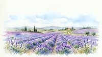 Watercolor lavender field landscape with rows of purple flowers, cypress trees, farmhouse, and distant mountains under a soft cloudy sky.