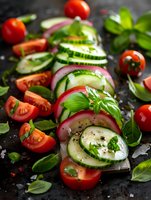 Fresh garden salad with sliced cucumber, red onion, cherry tomatoes and basil leaves on dark background, seasoned with black pepper and herbs.