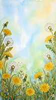 Watercolor dandelion meadow with yellow blooms and fluffy seed heads on a soft blue-green sky background, spring nature art.