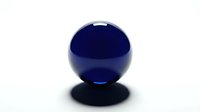 Deep blue glass sphere with glossy surface and shadow on white background. Modern decorative orb for interior design and artistic compositions.