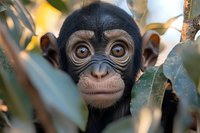 Young chimpanzee with expressive amber eyes peering through green foliage in natural jungle habitat showcasing wildlife conservation and primate behavior.