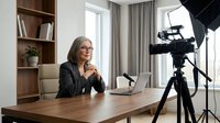 Middle-aged woman with long gray hair and glasses, wearing a dark blazer, seated at a wooden desk with a laptop, speaking to a camera on a tripod in a professional studio setting with soft lighting and modern office background, suitable for corporate video content, online courses, webinars, interviews, and business communications.