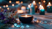 Glowing candle in coconut shell with healing crystals and dried lavender on wooden surface, soft bokeh lights creating magical spa atmosphere.