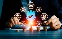 Business professional managing comprehensive insurance coverage with digital shield protection and policy icons representing various coverage types.