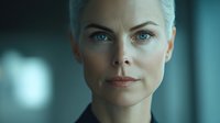 Confident mature blonde woman with striking blue eyes and natural makeup against teal background, professional headshot style portrait showing determination and wisdom.