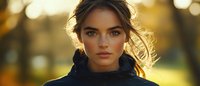 Young attractive woman with wavy brown hair in black turtleneck sweater during golden hour sunset with warm bokeh lights creating atmospheric portrait.