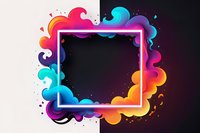 Vibrant gradient waves frame with neon glow effect on dark background, colorful liquid smoke shapes in pink, purple, orange and turquoise surround white border.