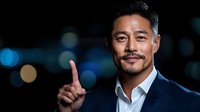 Asian businessman in navy suit showing number one gesture against dark background with bokeh lights, confident professional portrait with gentle smile.