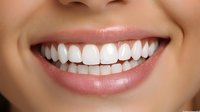 Close-up of woman's radiant smile showing white teeth and glossy lips for dental care, cosmetic dentistry and oral health advertising campaigns.
