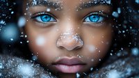 Young African American girl with striking blue eyes and gentle expression amid falling snow, creating magical winter portrait with ethereal lighting and soft focus effect.