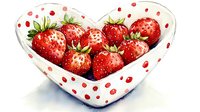 Fresh ripe strawberries in heart shaped white bowl with red polka dot pattern, watercolor style illustration for kitchen decor and food design.