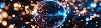 Glowing crystal ball with magical blue light streaks and golden bokeh background creates mystical fortune telling atmosphere for spiritual concepts.
