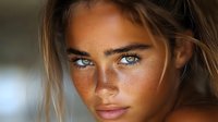 Young woman with natural freckles and striking blue eyes gazes intensely at camera in warm sunlight, showcasing glowing tanned skin and soft brown hair for beauty and skincare advertising.