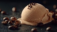 Creamy coffee ice cream scoop melting on dark surface with scattered roasted coffee beans creating gourmet dessert composition with rich texture and warm tones.