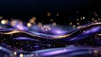 Magical purple and gold waves flow through starry space with glowing bokeh lights creating dreamy cosmic atmosphere. Abstract background for luxury designs.