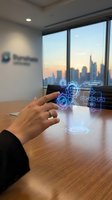 Hand with wedding ring interacting with holographic digital governance interface displaying connected icons above wooden desk in modern office with city skyline view.