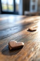 Bronze heart decoration on rustic wooden surface in warm sunlight, creating romantic atmosphere with soft bokeh background and dramatic shadows.
