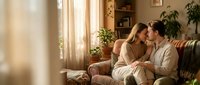 Young couple embracing intimately on couch in cozy living room with warm sunlight streaming through windows and green plants creating romantic atmosphere.
