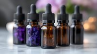 Essential oil dark glass dropper bottles arranged in row with purple flowers and soft bokeh background, wellness and aromatherapy concept for spa and natural medicine.