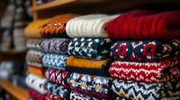 Neatly folded stack of cozy winter sweaters and knitted garments in various colors and traditional Nordic patterns displayed on wooden shelves in clothing store.