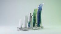 Modern renewable energy growth chart with solar panels and wind turbines showing sustainable development progress from 2023 to 2027 on clean background.