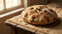 Freshly baked artisan bread loaf with golden crust and seeds on rustic wooden cutting board in warm sunlit kitchen for homemade bakery and cooking concepts.