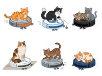 Cats of various colors and patterns relaxing on robotic vacuum cleaners, isolated on white background, ready for design use on merchandise and marketing materials.
