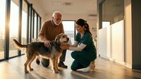 Senior male veterinarian with gray hair and beard examining brown and black mixed breed dog while female Asian veterinary assistant in green scrubs observes in modern clinic hallway.