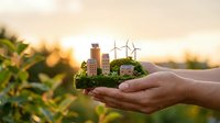 Hands holding miniature sustainable city with wind turbines and green buildings against blurred natural background, representing renewable energy and eco-friendly urban development.