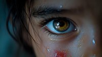 Close-up macro shot of green human eye with water drops and wet eyelashes against dark background, dramatic lighting creates mysterious atmosphere.