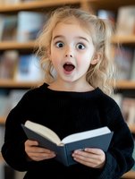 Young girl with blonde curly hair expressing surprise while reading book in library, wearing black sweater. Authentic emotional reaction captures childhood wonder and learning.