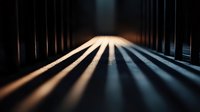 Dramatic light beams streaming through dark parallel bars create striking shadow patterns in moody atmospheric scene, abstract minimalist composition.