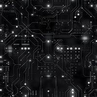 Dark circuit board pattern with glowing connections and electronic pathways creating futuristic technology background seamlessly repeating for tech designs.