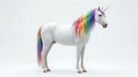 White unicorn with rainbow mane and tail isolated on white background, suitable for children's designs, merchandise, and creative projects.