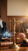 Golden scales of justice balancing AI chip and human brain in courtroom setting representing technology versus humanity legal ethics concept.