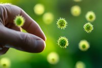 Microscopic green virus cells floating in blurred background with human finger pointing, medical science visualization for healthcare and disease research concept.