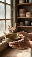Aged craftsman hands holding a handmade ceramic bowl in a rustic pottery studio with shelves and tools in soft natural light.
