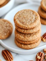 Stack of freshly baked pecan sandies cookies with sea salt sprinkled on top, served on white plate with scattered nuts, macro food photography.