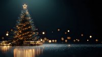 Glowing Christmas tree with golden lights and wrapped presents on dark background with magical bokeh effect and sparkling glitter surface.