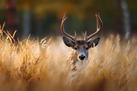 Young white-tailed buck with antlers peering through golden autumn grass during sunrise, soft bokeh background creates dreamy wildlife scene in natural habitat.