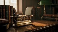 Vintage brass balance scale on wooden desk in classic library setting with leather-bound books and warm ambient lighting for legal or academic themes.
